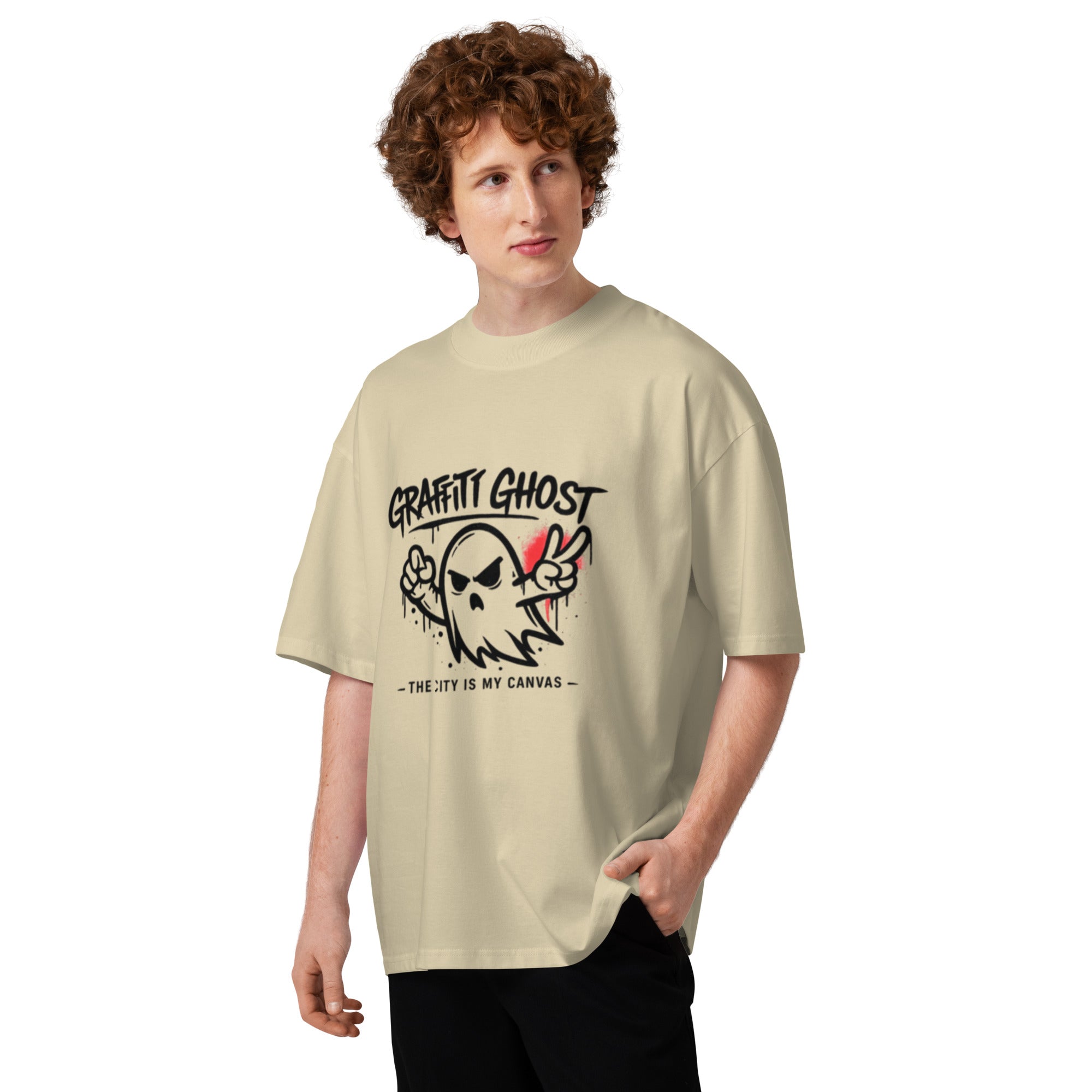 T-shirt homme beige col montant BIO - GRAFFITI GHOST - 1