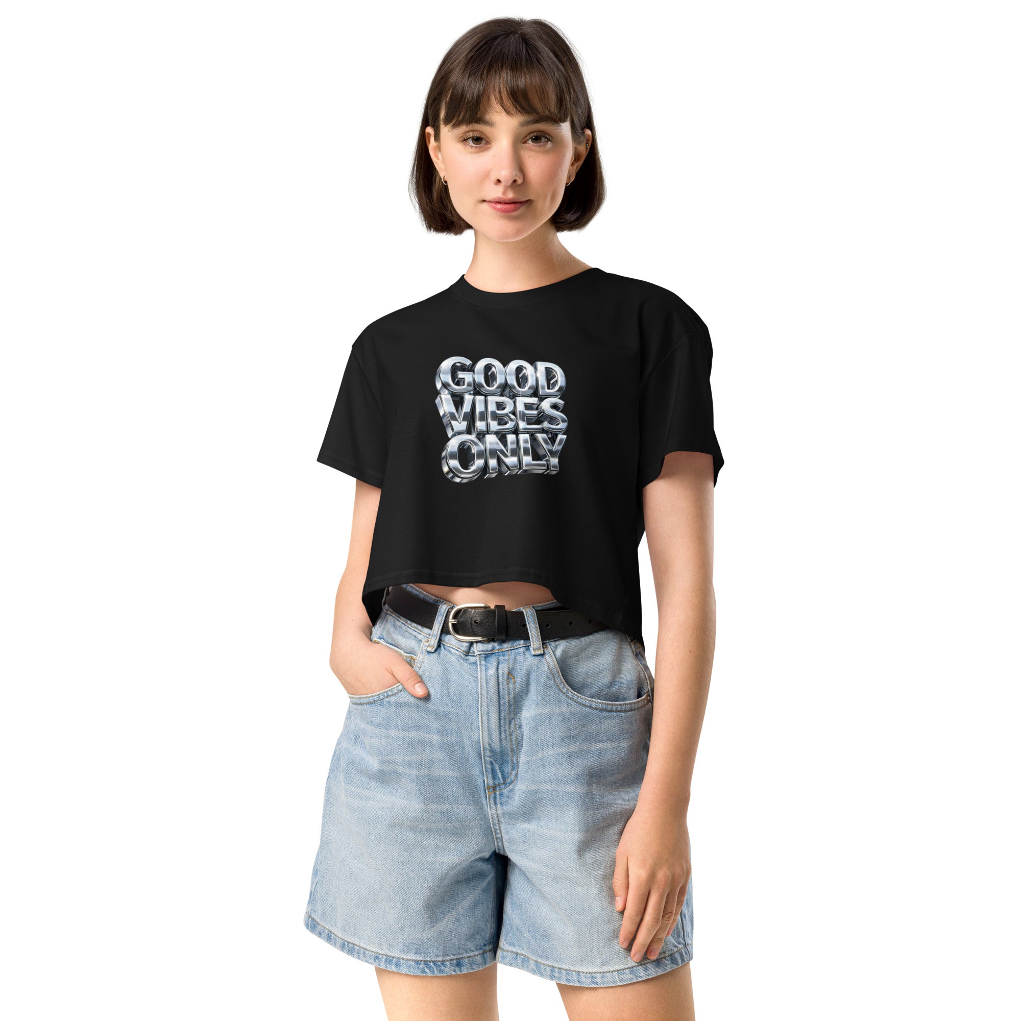 Crop top noir quote y2k métallique - 2