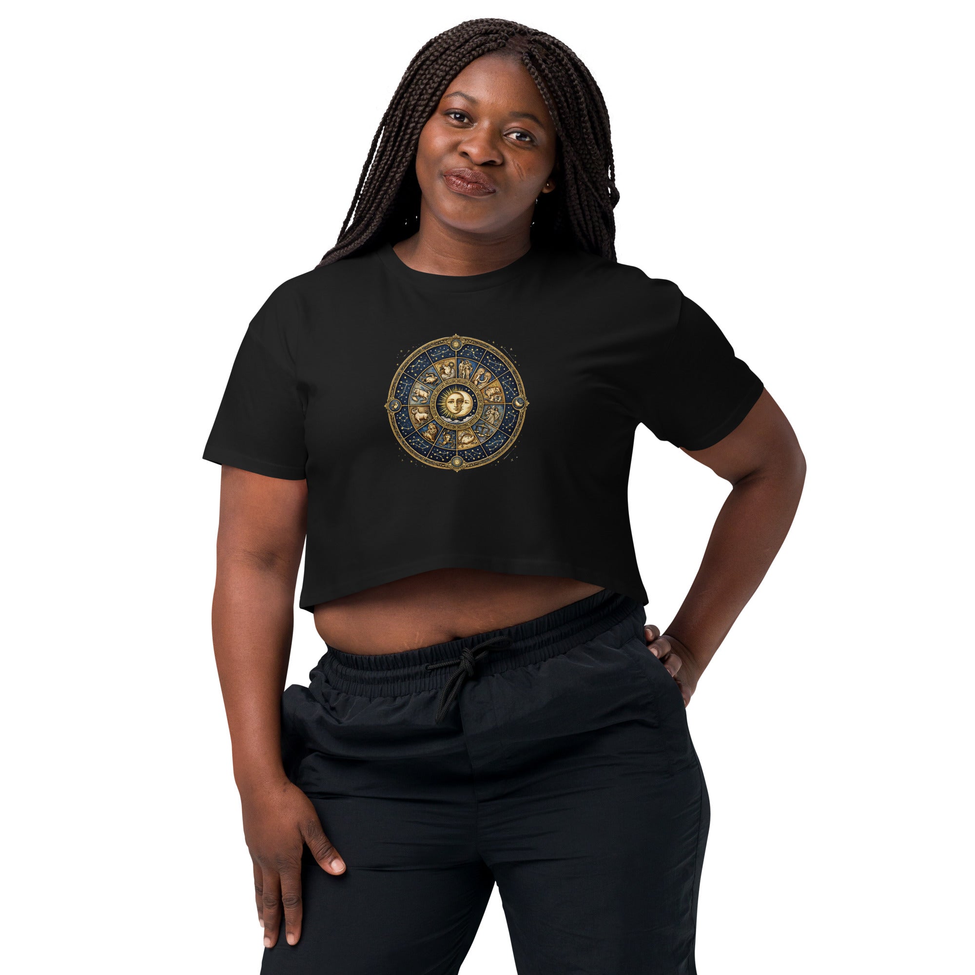 Crop top noir roue zodiacale dorée - 5