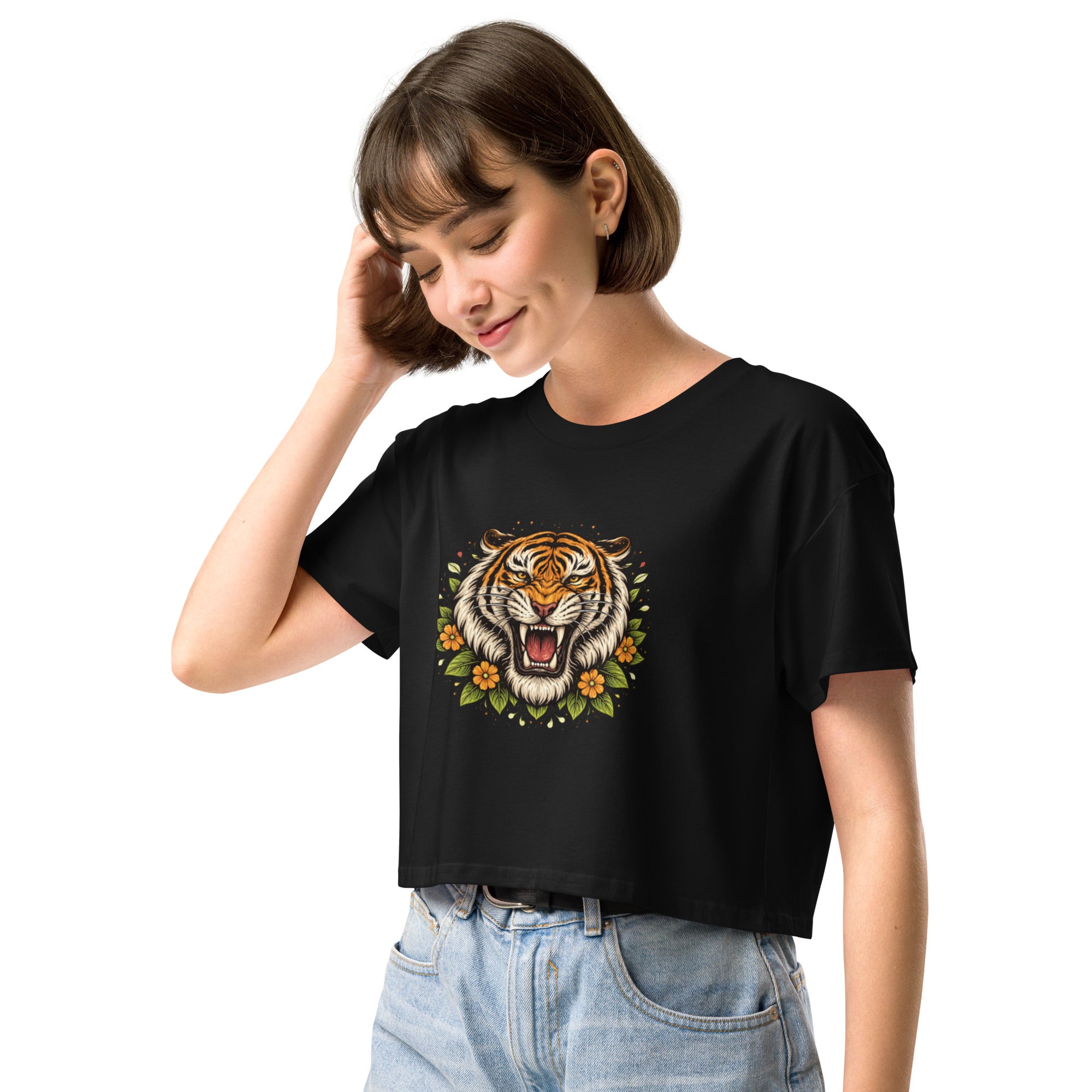 Crop top noir tigre rétro sérigraphie - 1