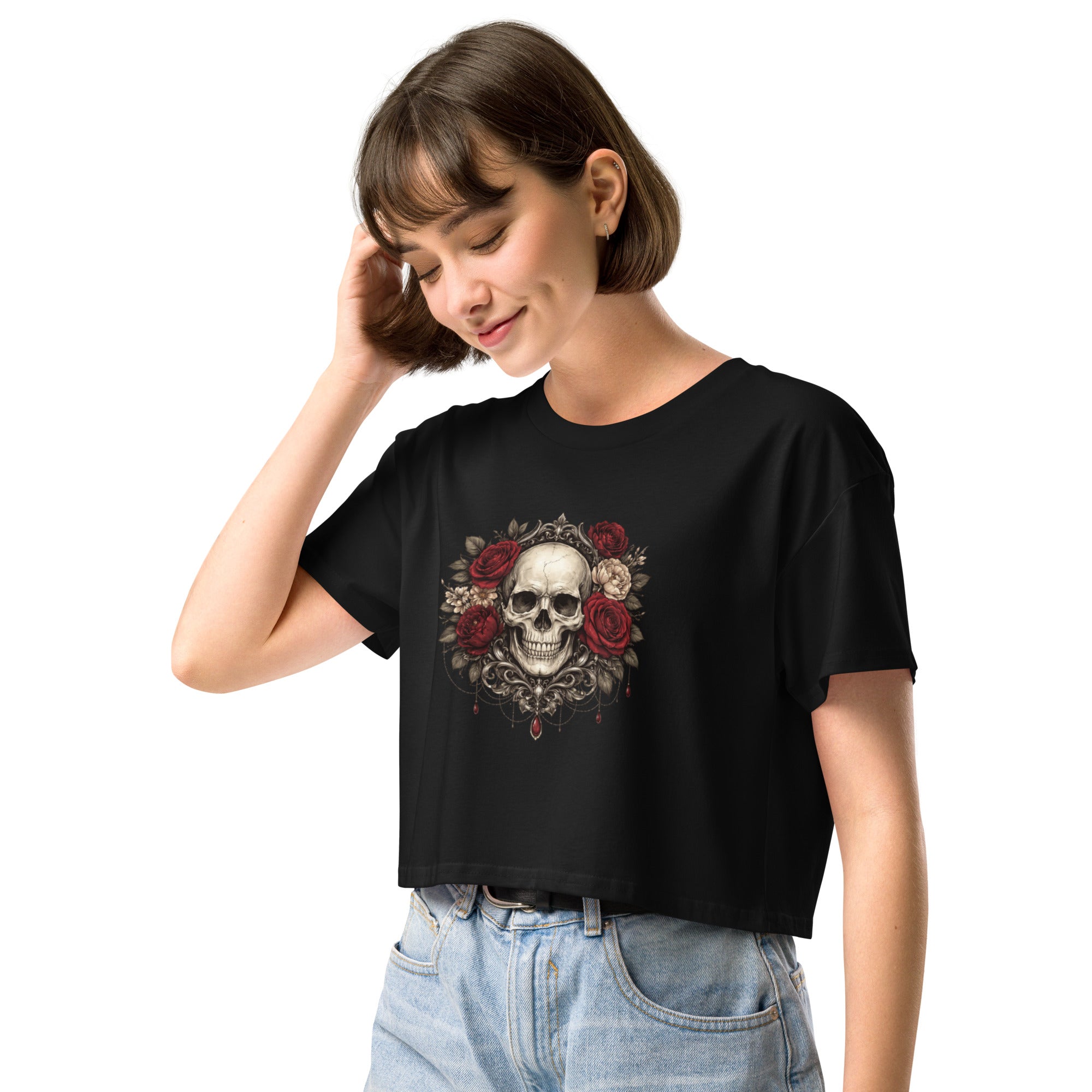 Crop top noir crâne roses gothique - 1