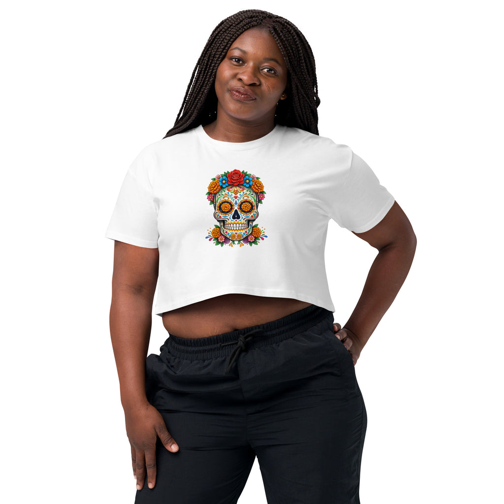Crop top blanc crâne fleuri mexicain - 5