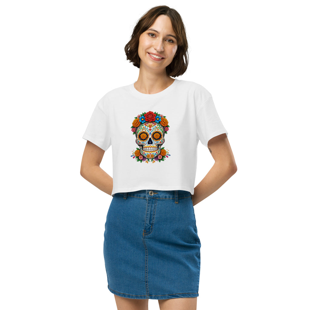 Crop top blanc crâne fleuri mexicain - 9