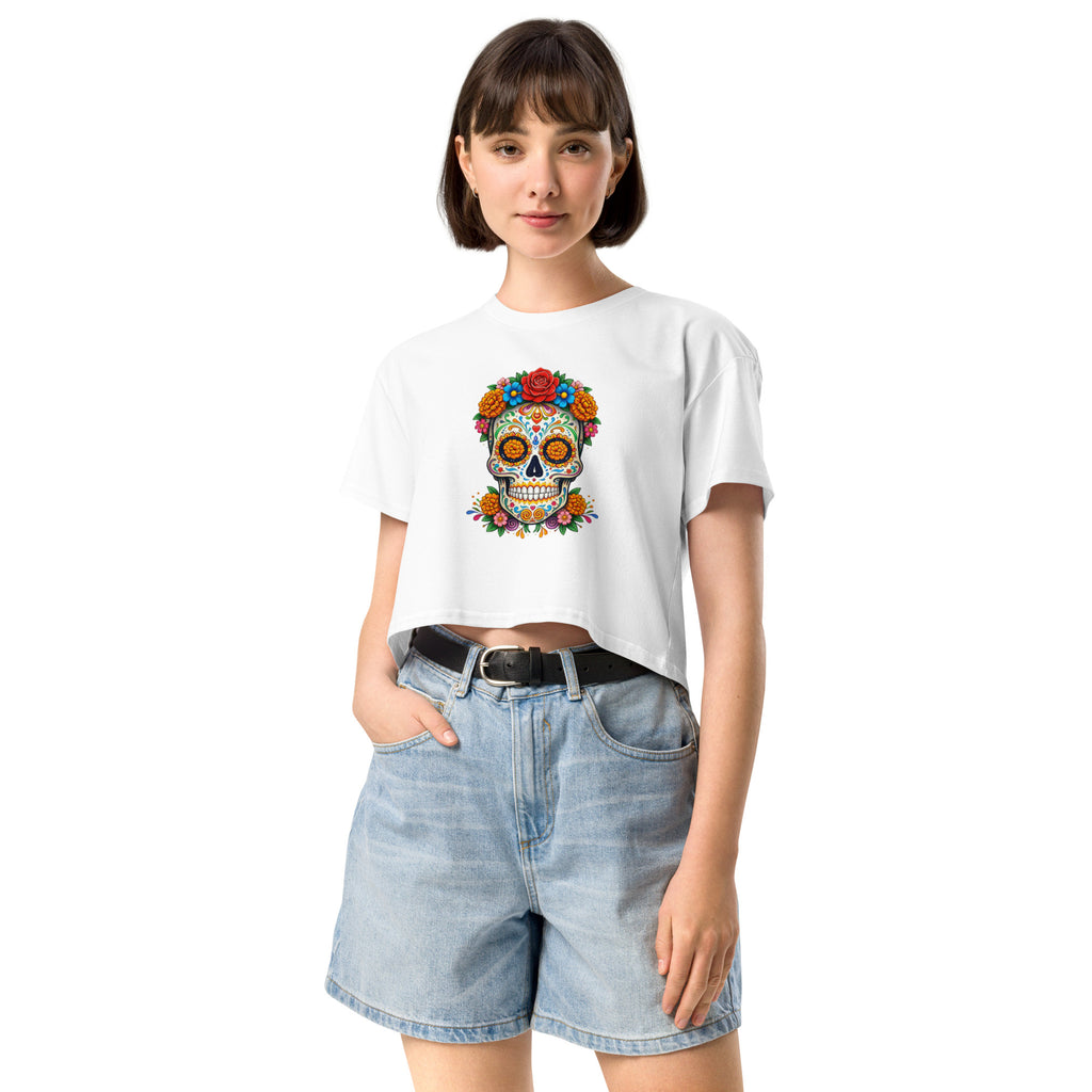 Crop top blanc crâne fleuri mexicain - 2