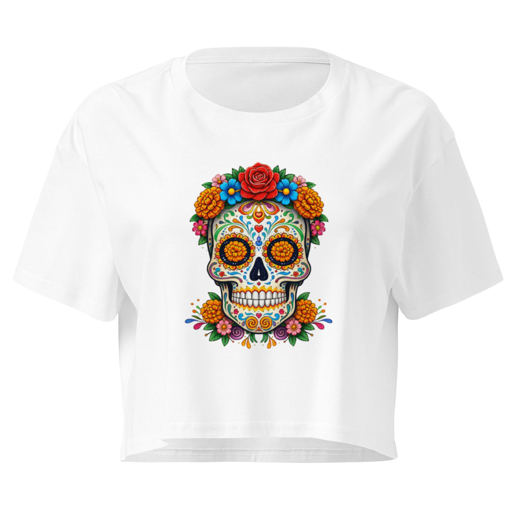 Crop top blanc crâne fleuri mexicain - 3
