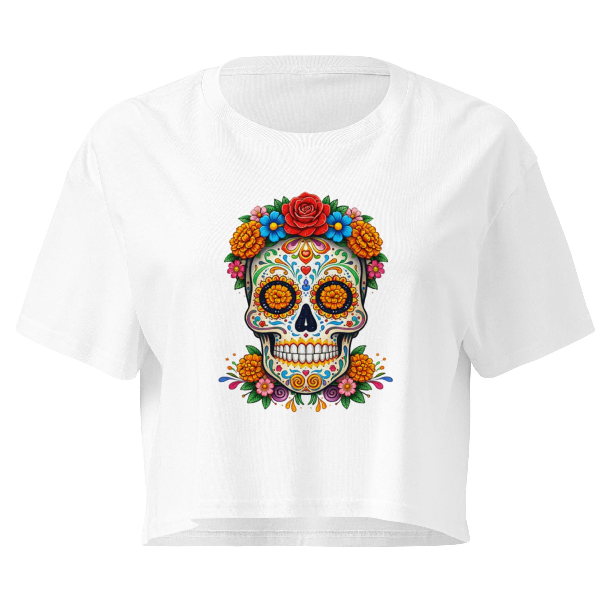 Crop top blanc crâne fleuri mexicain - 3