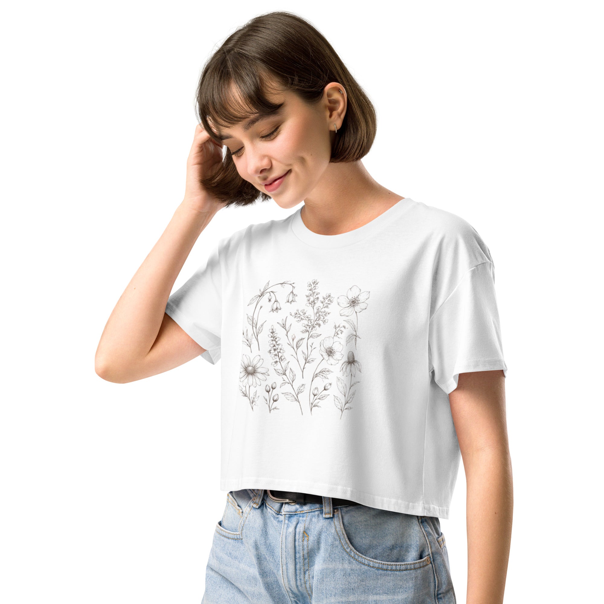 Crop top blanc fleur trait fin - 1