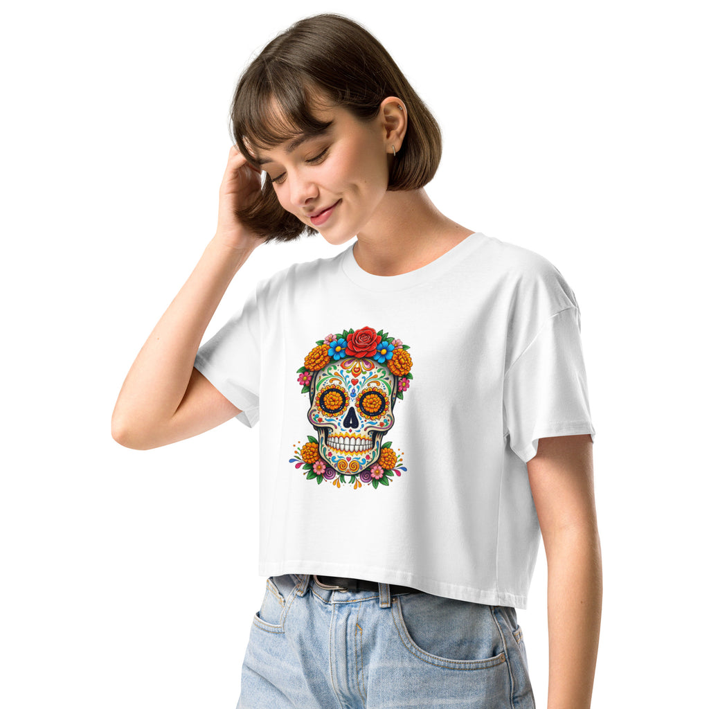 Crop top blanc crâne fleuri mexicain - 1
