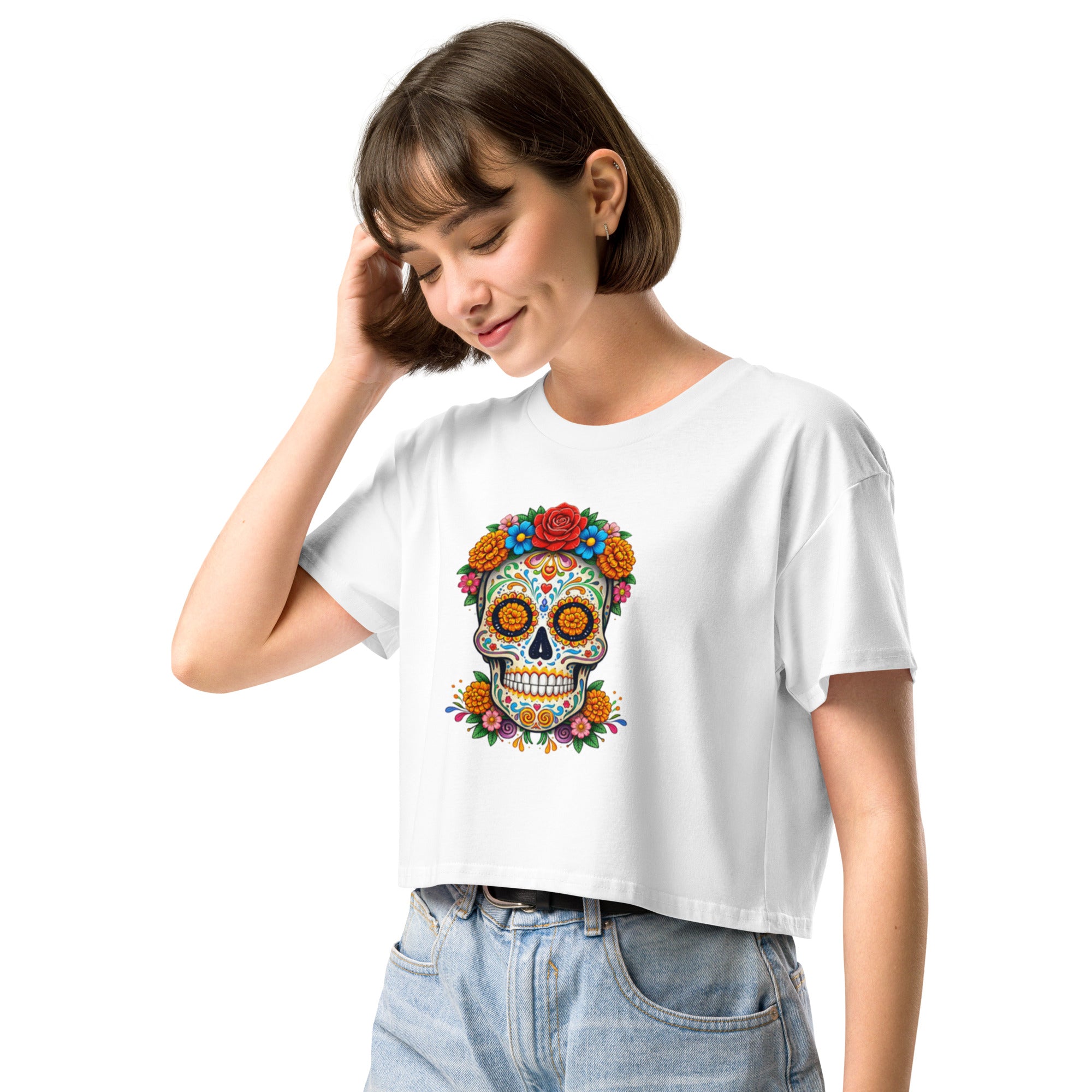 Crop top blanc crâne fleuri mexicain - 1